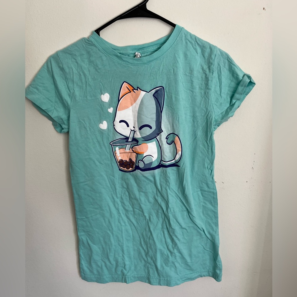 Cute Blue Cat Boba T-shirt SIZE SMALL